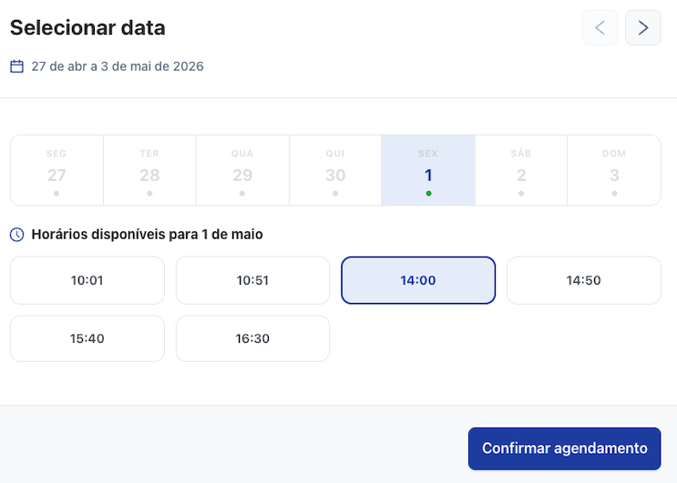 Passo 1 do agendamento: seleção de data e horário